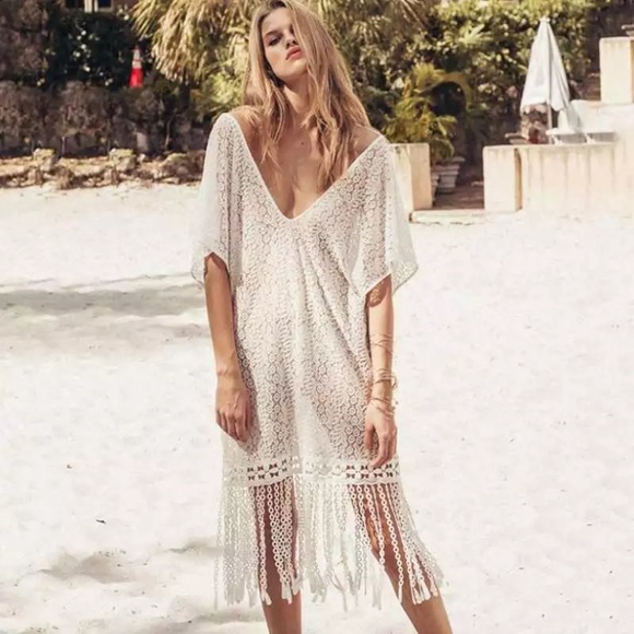 SOLD OUT CLEARANCE White Boho Lace Long Fringe Tassel Tunic Coverup - Picture 2 of 3
